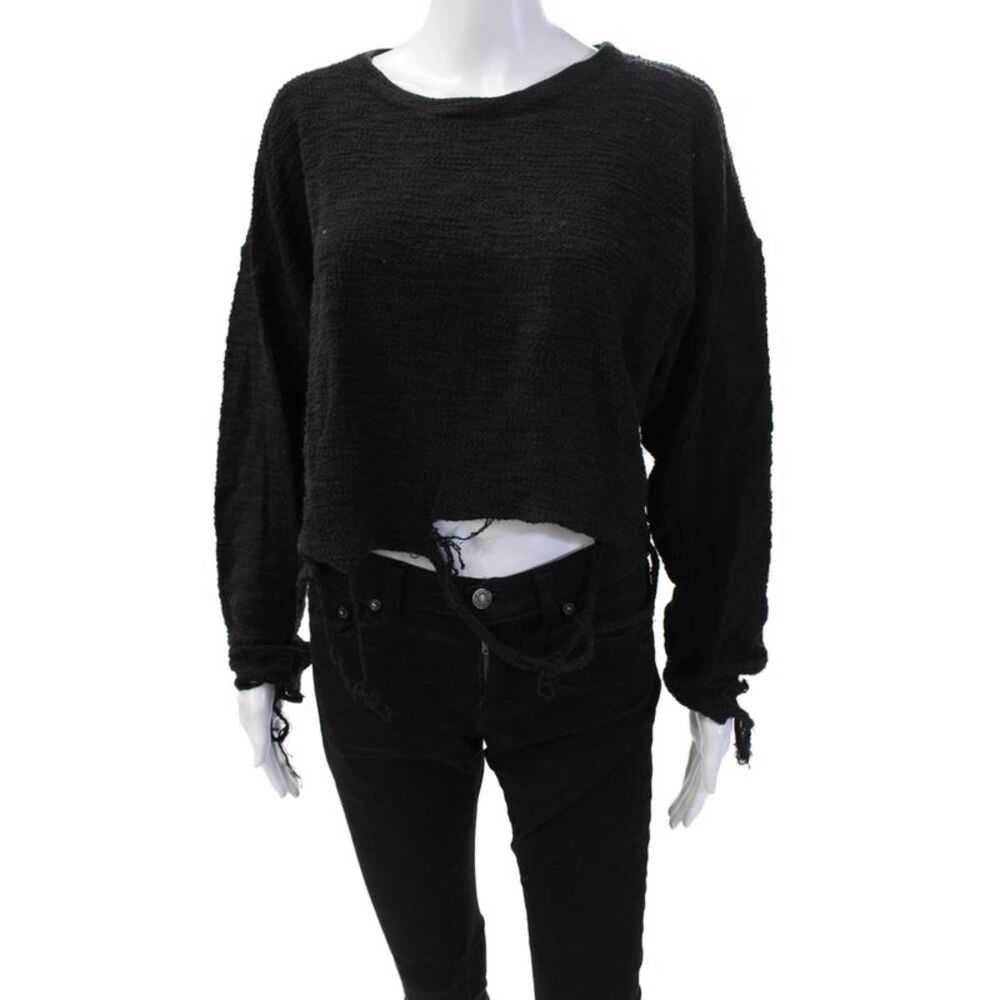 Twenty Women's Long Sleeves Round Neck Distress Sweater Black Size XS